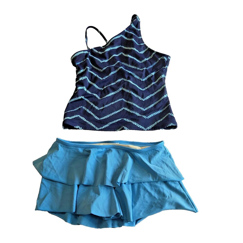 Lands' End Girls Tankini Swim Skirt Set Size 16 Navy Chevron Ruffle 2 Piece